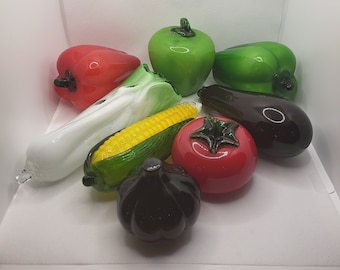vintage Murano Style Glass Fruit and Vegetables Eggplant, Bok Choy, Green Apple, Corn on the Cob, Red Pepper, Green Pepper, Garlic, Tomato