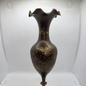 Vintage Solid Brass Black and Gold Etched Vase - Made in India - Bohemian Décor