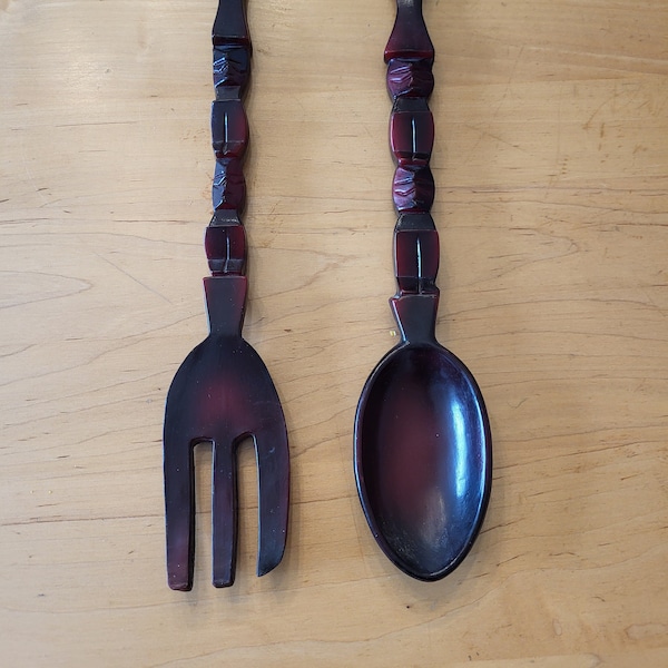 Vintage Hand Carved Wooden Tiki Spoon and Fork Set - Boho Decor