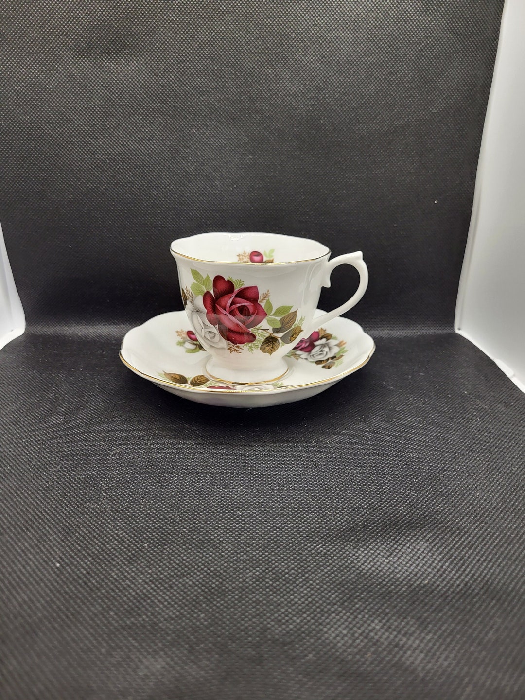 Royal Albert Tea Cup Set Deep Rich Burgundey and White Rose Designs