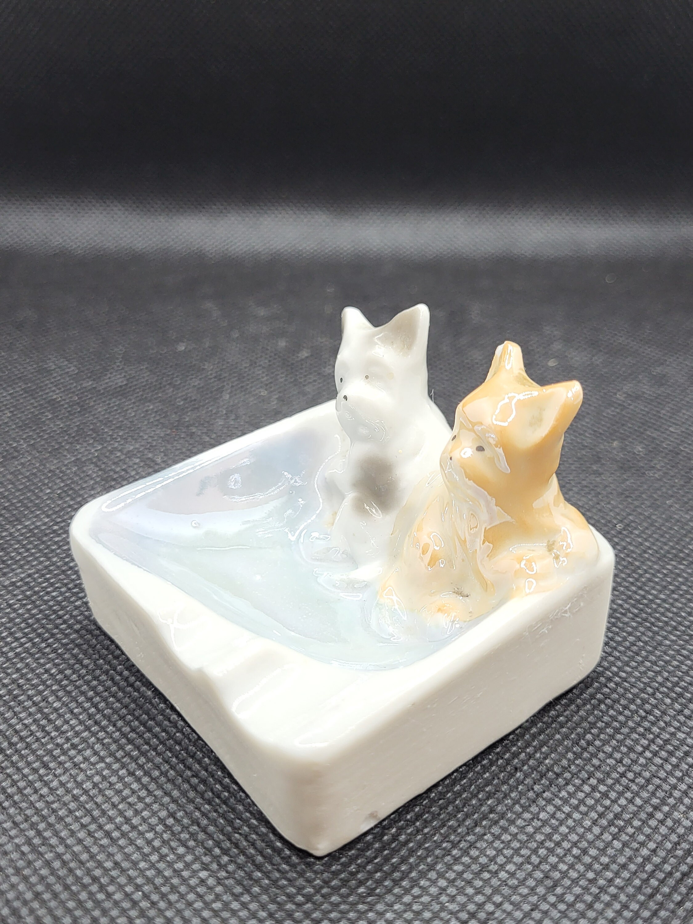 Miniature Figural Lusterware Scotties Ashtray Hand Painted