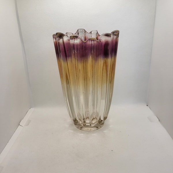 1950's Thick Ribbed Federal Glass Vase - Iridescent Carnival Glass Starburst Atomic Celestial - Marigold Purple