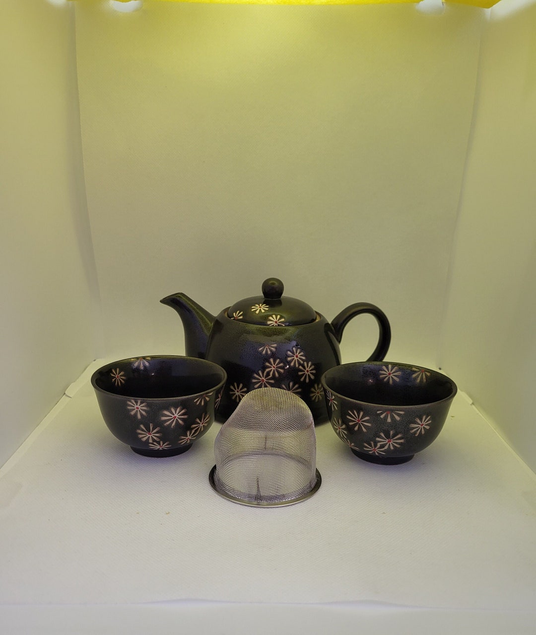Vintage Numi Black Ceramic Star Flower Tea Set for Two With Metal Loose