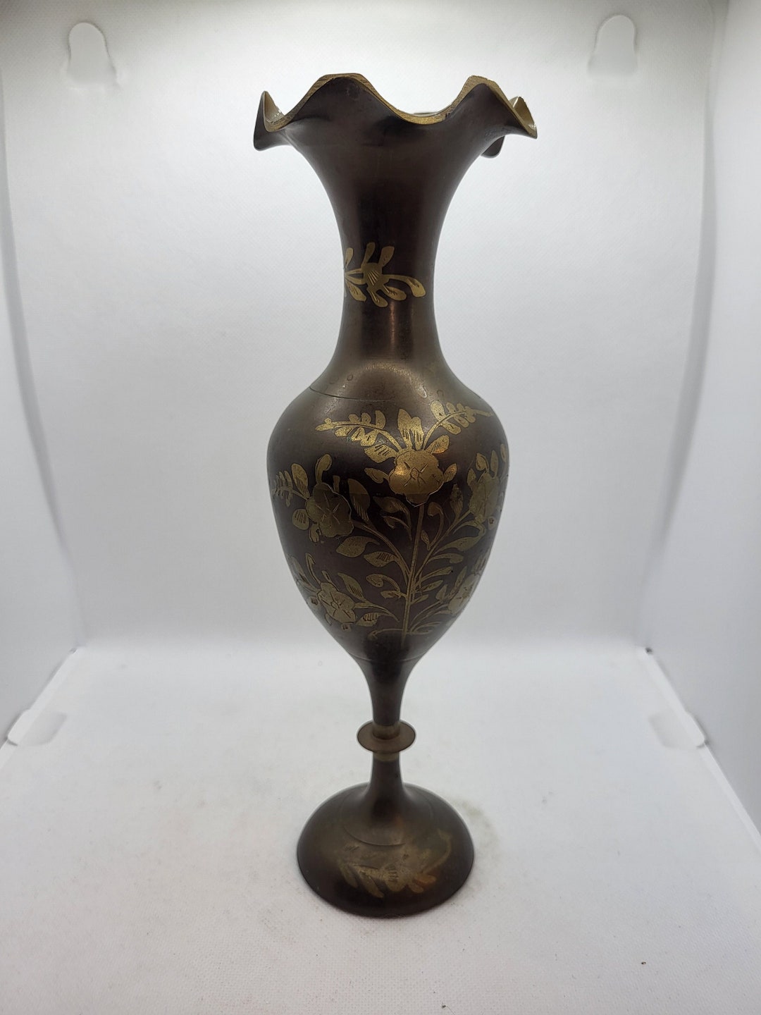 Vintage Solid Brass Black and Gold Etched Vase Made in India Bohemian