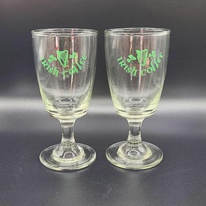Vintage Set of Two Irish Coffee Stem Glasses with Three-Leaf Clover and Green Harp Design - Whiskey Irish Coffee Glasses