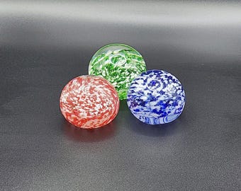 Art Glass Paperweights: Speckled Blue, Red, Green Set