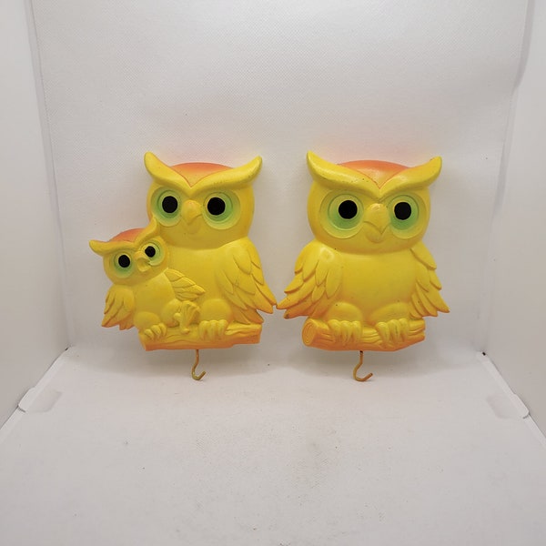 Miller Studio Inc Chalkware Owls Orange and Yellow with Hook Wire Hooks on Back for Hanging and bottom hooks for cups or keys