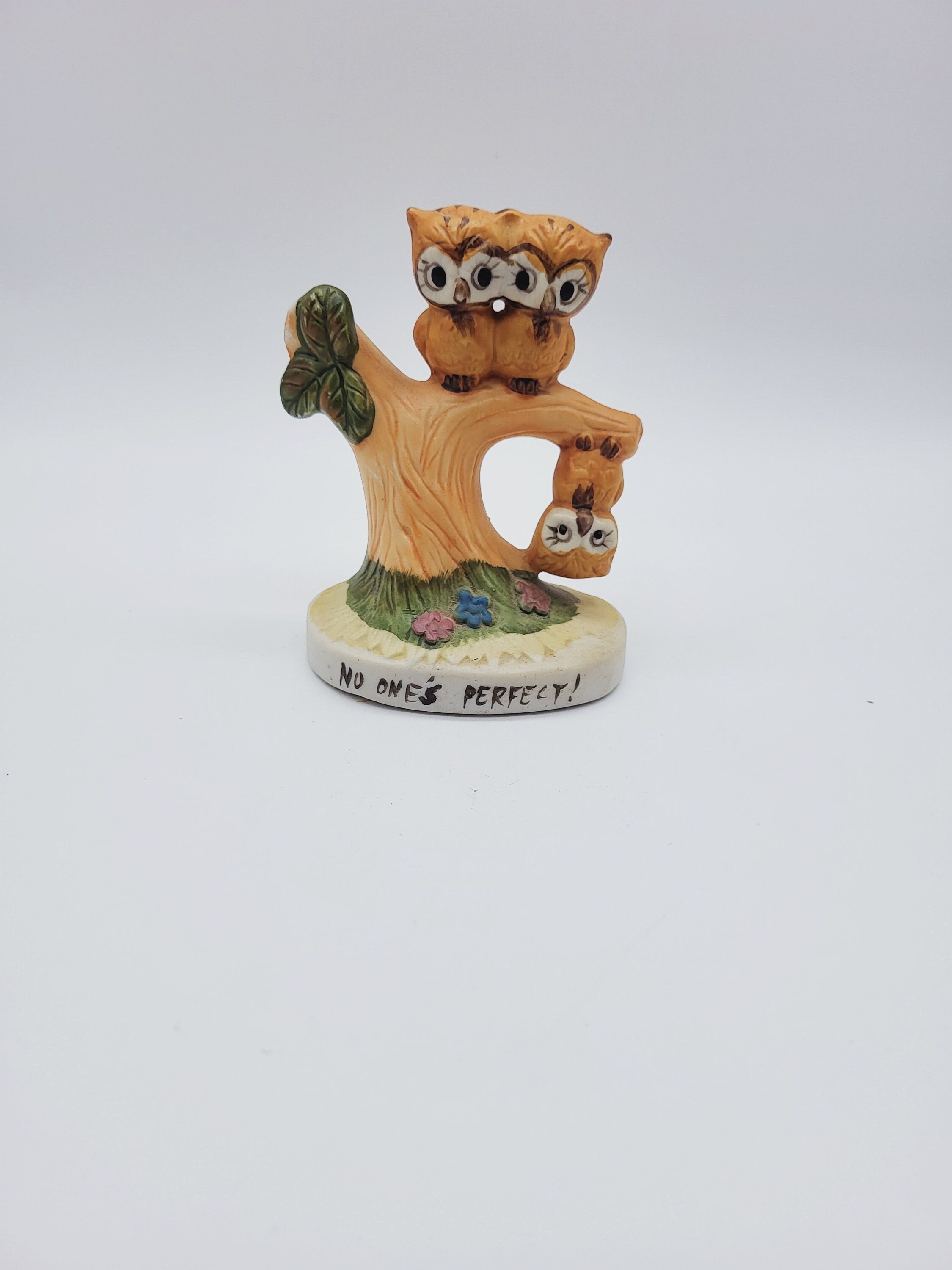 Vintage Ceramic Owls Figurine - Hand Painted 3 Owls in a Tree - No One's Perfect - Kitsch Whimsi
