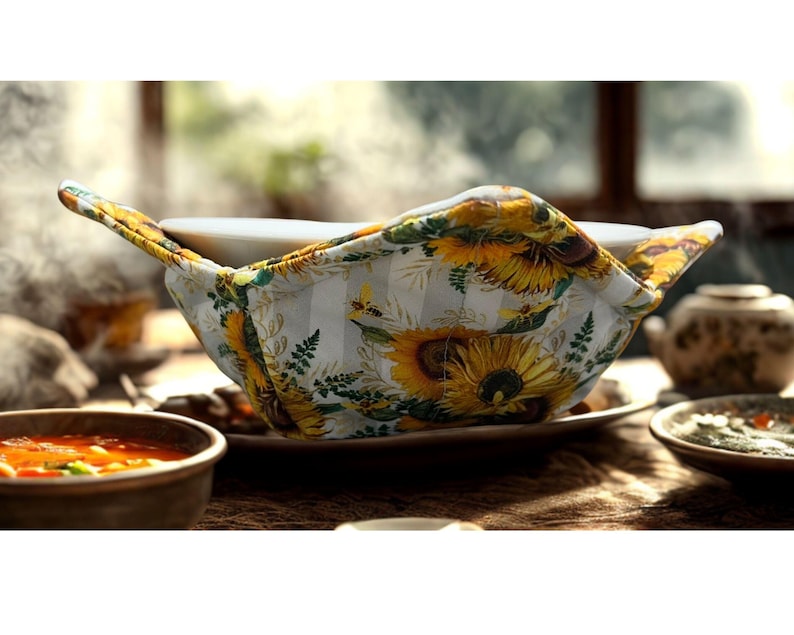 May include: A fabric bowl cosy with a sunflower pattern. The cosy is white with vertical stripes and yellow sunflowers, green leaves, and small bees. The cosy has two handles and is sitting on a white plate. Other bowls of food are in the background.