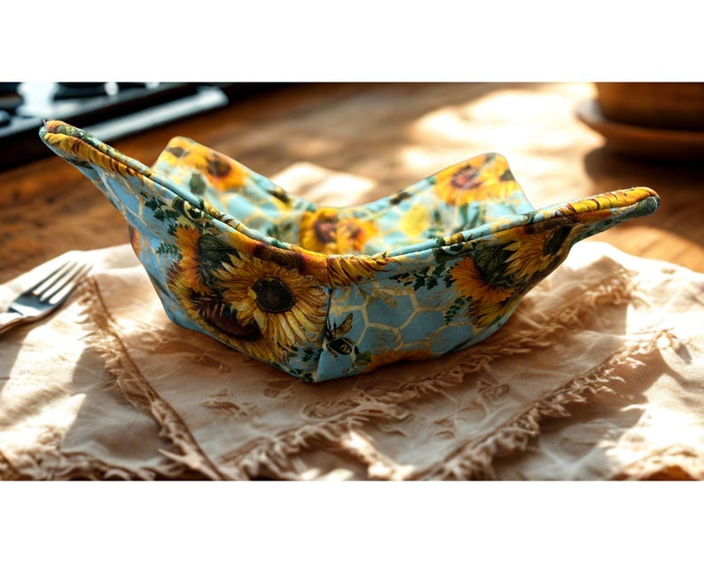 May include: A fabric bowl cosy with a sunflower pattern. The cosy features a light blue background with yellow sunflowers and a honeycomb design. The edges are folded to create a bowl shape, with the sunflower pattern visible on the inside and outside.