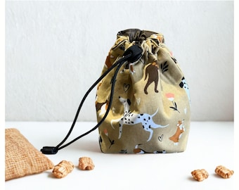 Clip on Dog Treat Pouch, Handmade Training Bag, Cartoon Dog Fabric, Water Resistant Lining