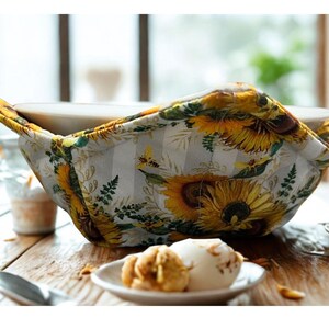 May include: A white ceramic bowl inside a fabric bowl cosy. The cosy features a sunflower pattern with yellow, green, and white colours. The cosy has handles on each side. The bowl and cosy are on a wooden table.