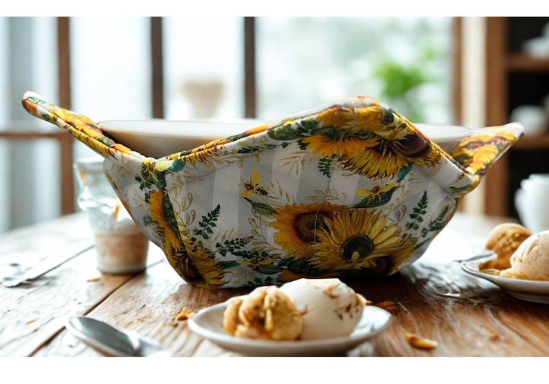 May include: A white ceramic bowl inside a fabric bowl cosy. The cosy features a sunflower pattern with yellow, green, and white colours. The cosy has handles on each side. The bowl and cosy are on a wooden table.