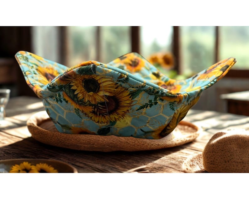 May include: A fabric bowl featuring a sunflower pattern. The bowl has a light blue backdrop with yellow sunflowers and a honeycomb design. It rests on a round, woven coaster on a wooden table. The bowl is open and has a distinctive shape.