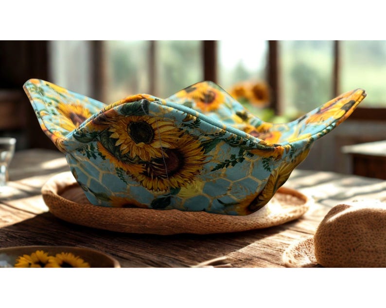 May include: A fabric bowl with a sunflower design, on a woven coaster. The bowl has a blue background with yellow sunflowers and a honeycomb pattern. The bowl is on a wooden table.