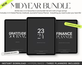 2023/24 Mid Year Planner Bundle - 2024 Digital Planner, Daily Gratitude Journal, Finance Tracker, GoodNotes stickers, Minimal iPad notepaper