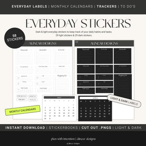 Digital Planner Stickers Everyday Bundle Daily Trackers Memo Pads Labels Light Dark Mode Minimal Sticker Pack Cut out PNGs image 1