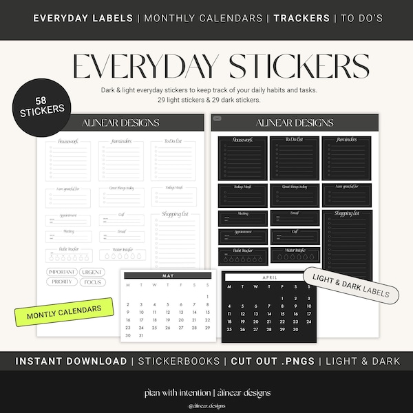 Digital Planner Stickers | Everyday Bundle | Daily Trackers | Memo Pads Labels | Light Dark Mode | Minimal | Sticker Pack | Cut out PNGs