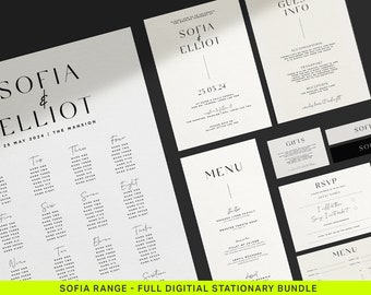 Sofia Digital Wedding Day Stationary Bundle, Invite, Save Date, Info Cards, Table Pan, Welcome Board, RSVP, Minimal, Classic Editable design