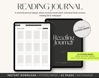 May include: A digital planner for tracking books read, with a black and white design. The planner includes a book shelf, individual book review pages, a reading list, and notepaper. The text "Reading Journal" is displayed in a large font on the cover.