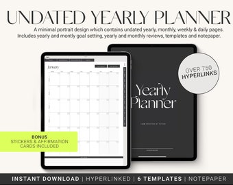 May include: A black and white digital planner mockup on a tablet screen. The planner is undated and includes yearly, monthly, weekly, and daily pages. It also includes goal setting, reviews, templates, and notepaper. The text "Yearly Planner" is displayed on the screen. The text "Over 750 Hyperlinks" is displayed in the upper right corner of the screen. The text "Bonus Stickers & Affirmation Cards Included" is displayed in the lower left corner of the screen.