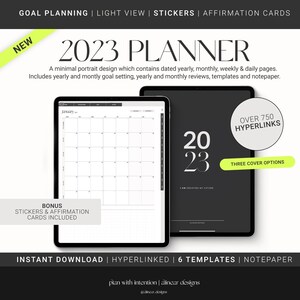 May include: A digital planner for 2023 with a black and white design. The planner includes a calendar, goal setting pages, and note paper. It also includes over 750 hyperlinks and three cover options.