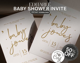 LUNA Baby Shower Printable Invite, Editable PDF, Star themed event poster, Minimal Digital Invitation, Baby Theme Party,  Moon Constellation