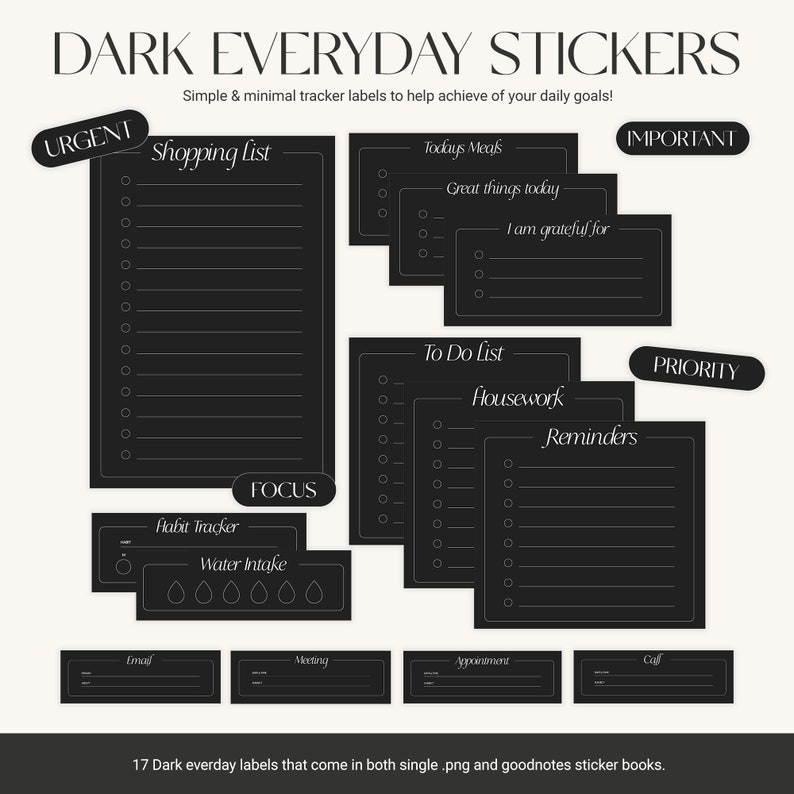 Digital Planner Stickers Everyday Bundle Daily Trackers Memo Pads Labels Light Dark Mode Minimal Sticker Pack Cut out PNGs image 3