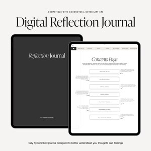 May include: A digital reflection journal app on an iPad screen. The app has a contents page with a list of different journal topics, including "Your Whole Life", "Mindfulness Journal", "Career Journal", "Relationship Journal", "Money Journal", and "Self Reflection Journal".