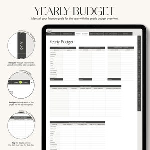 May include: A digital planner on a tablet screen with a yearly budget template. The template includes sections for monthly income, expenses, savings goals, and a monthly saving plan. The planner is designed to help users track their finances and reach their financial goals.