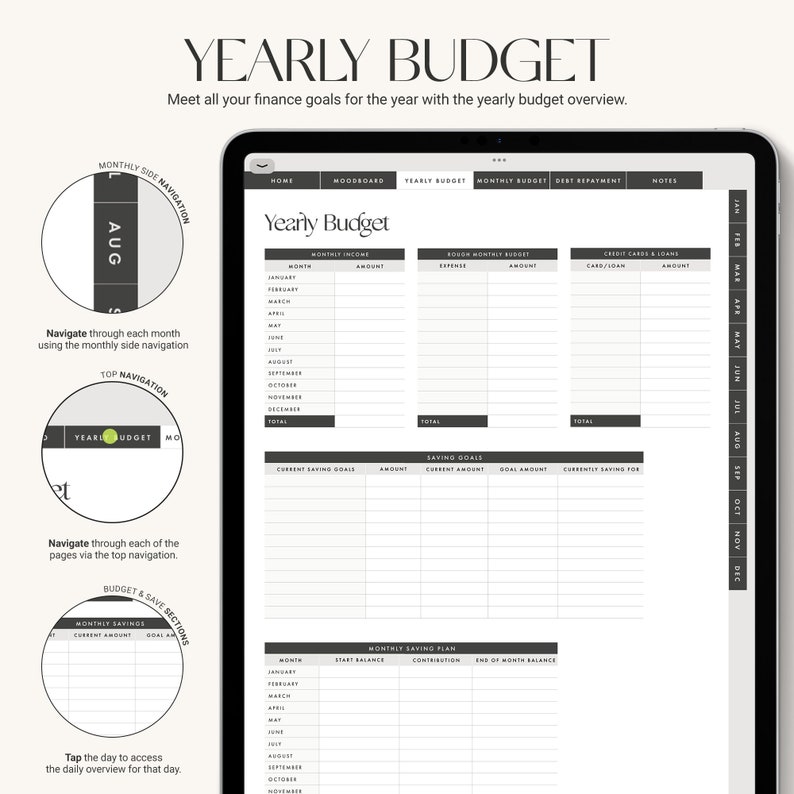 May include: A digital planner on a tablet screen with a yearly budget template. The template includes sections for monthly income, expenses, savings goals, and a monthly saving plan. The planner is designed to help users track their finances and reach their financial goals.