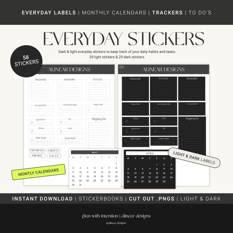 Digital Planner Stickers Everyday Bundle Daily Trackers Memo Pads Labels Light Dark Mode Minimal Sticker Pack Cut out PNGs image 1