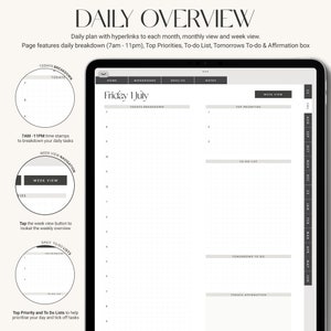 May include: A digital planner on a tablet screen with a daily overview layout. The planner includes sections for today's breakdown, top priorities, to-do list, tomorrow's to-do, and an affirmation box. The date is Friday, July 1st, 2032.