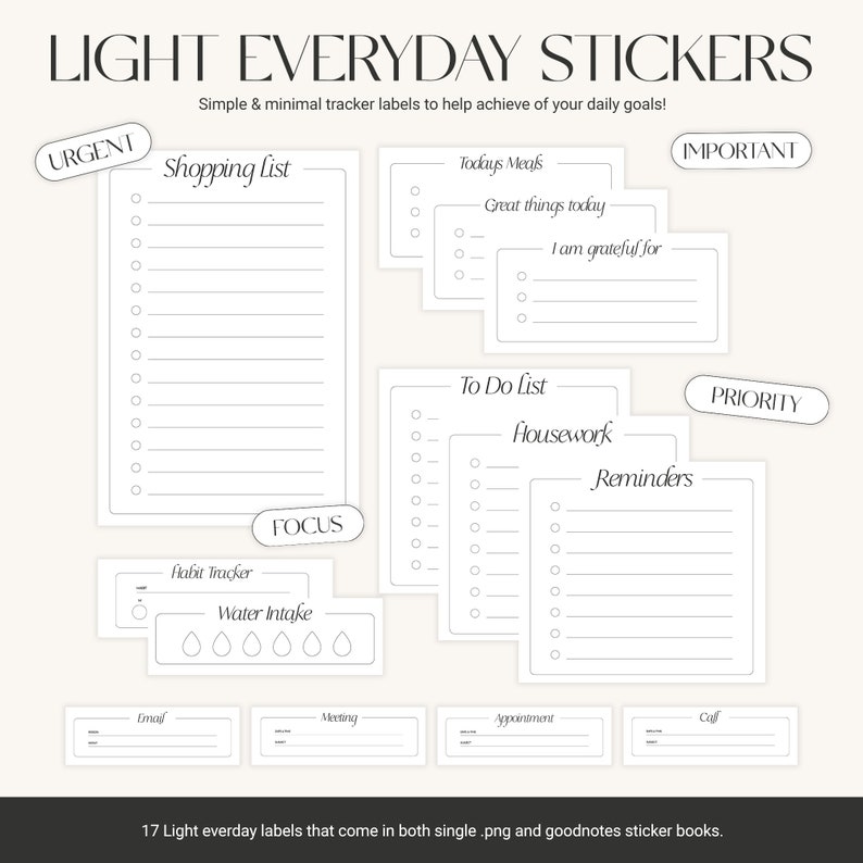 Digital Planner Stickers Everyday Bundle Daily Trackers Memo Pads Labels Light Dark Mode Minimal Sticker Pack Cut out PNGs image 2