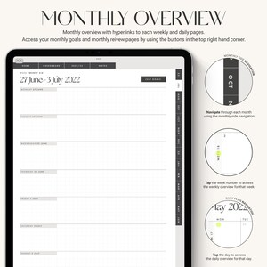 May include: A monthly planner with a grid layout for June 27th to July 3rd, 2022. The planner has a black and white color scheme with a light gray background. The planner has a section for daily goals and a section for weekly goals. The planner also has a section for notes.