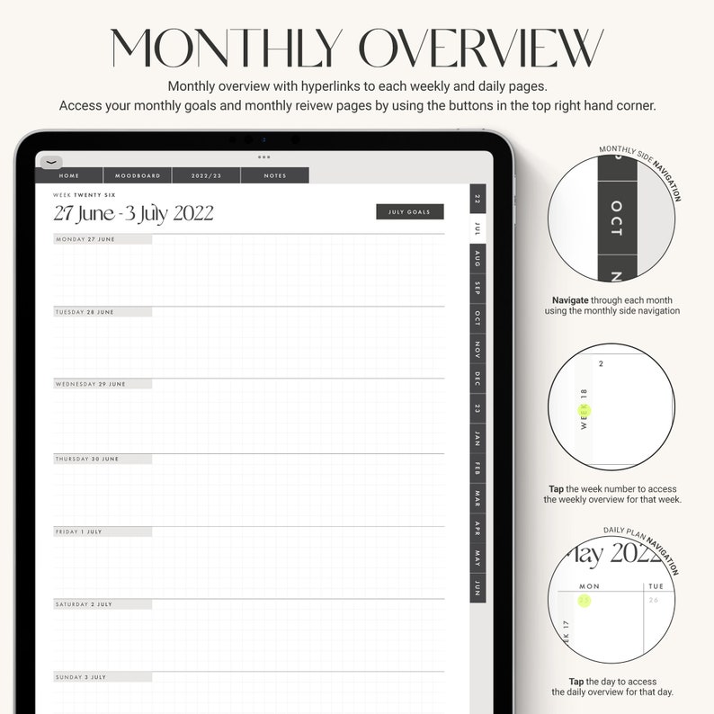 May include: A monthly planner with a grid layout for June 27th to July 3rd, 2022. The planner has a black and white color scheme with a light gray background. The planner has a section for daily goals and a section for weekly goals. The planner also has a section for notes.