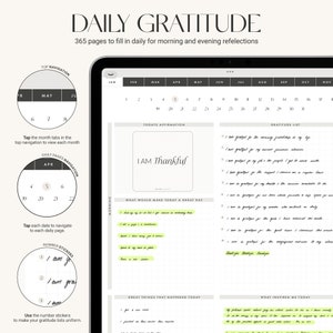 May include: A digital planner with a daily gratitude journal. The planner features a calendar, a gratitude list, and sections for affirmations, what would make today a great day, great things that happened today, and what inspired me today. The planner is designed to help users focus on positive aspects of their lives.