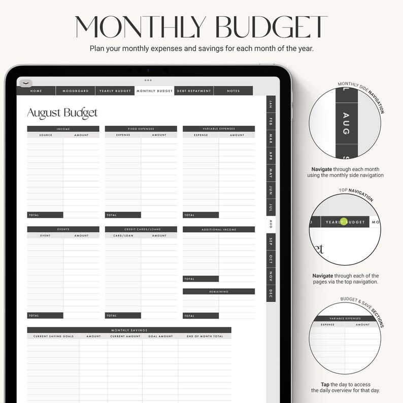 May include: A digital planner template for budgeting, with a gray and white color scheme. The planner includes sections for income, expenses, savings, and debt repayment. The planner is designed to help users track their finances and reach their financial goals.