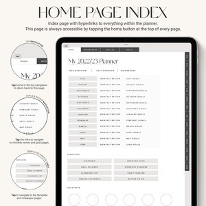 May include: A digital planner app interface with a gray and white color scheme. The app is titled "My 2022/23 Planner" and includes sections for monthly reviews, goals, and templates. The app also includes a moodboard section.