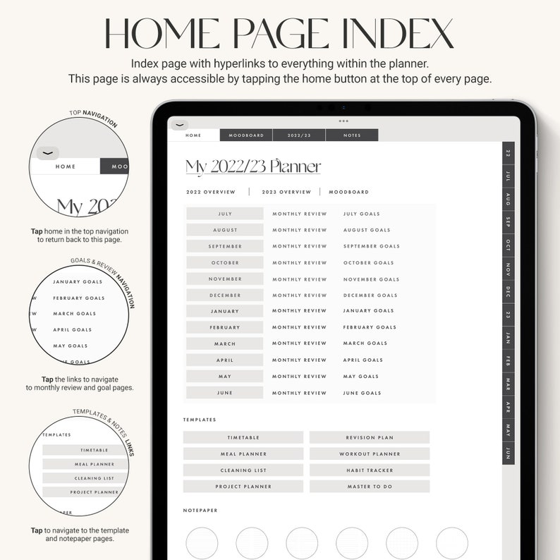 May include: A digital planner app interface with a gray and white color scheme. The app is titled "My 2022/23 Planner" and includes sections for monthly reviews, goals, and templates. The app also includes a moodboard section.