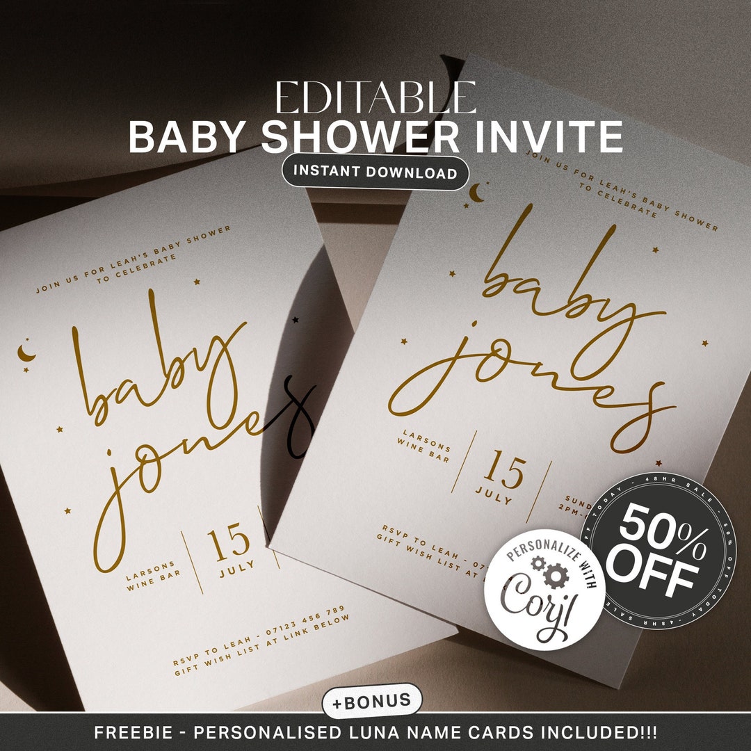 LUNA Baby Shower Printable Invite, Editable PDF, Star Themed Event Poster, Minimal Digital