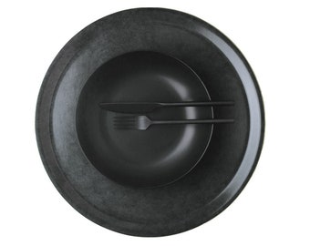 Plateau rond noir 38 cm imprimé motif assiette et couverts noirs