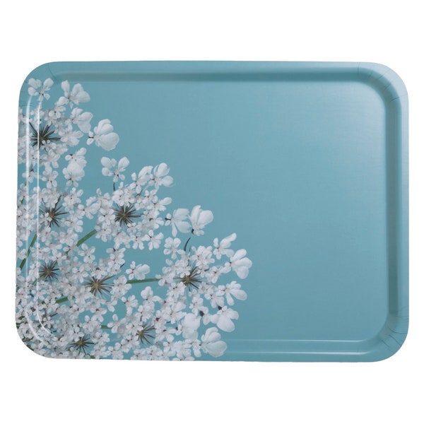 Plateau rectangulaire 33x43 bleu motif fleurs blanches