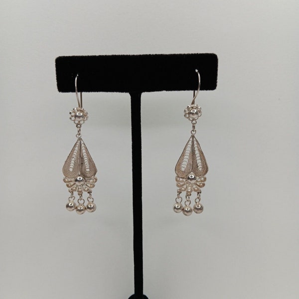 Sterling Silver Vintage Filigree Dangling Chandelier Earrings Unmark Jewelry