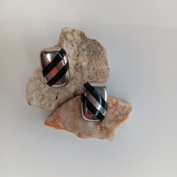 925 Sterling Silver Vtg Mexico Stud Earring Onyx … - image 3