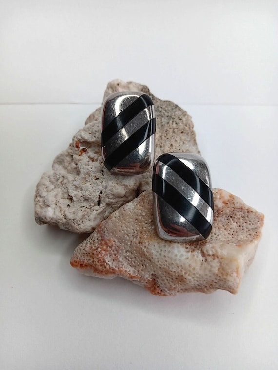 925 Sterling Silver Vtg Mexico Stud Earring Onyx … - image 1