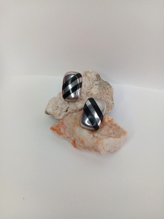 925 Sterling Silver Vtg Mexico Stud Earring Onyx … - image 5
