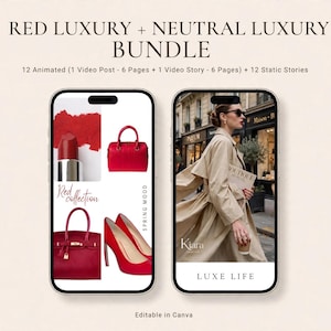 Può includere: Due smartphone che mostrano modelli digitali intitolati RED LUXURY + NEUTRAL LUXURY BUNDLE. Lo schermo sinistro mostra articoli di moda rossi tra cui rossetto, borse e tacchi. Lo schermo destro mostra una persona con un trench color beige.