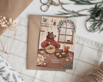 Christmas Baking Postcard | A6 | Festive Art | Bear Squirrel Cookies Illustration | Greeting Card | Warmest wishes | Happy holidays