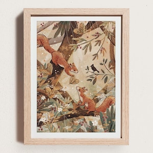 Stampa artistica illustrata regalo autunnale dorato / A5 / Illustrazione della foresta / Scoiattoli autunnali / Arte murale per bambini / Decorazione per la cameretta dei bambini / Piccolo regalo